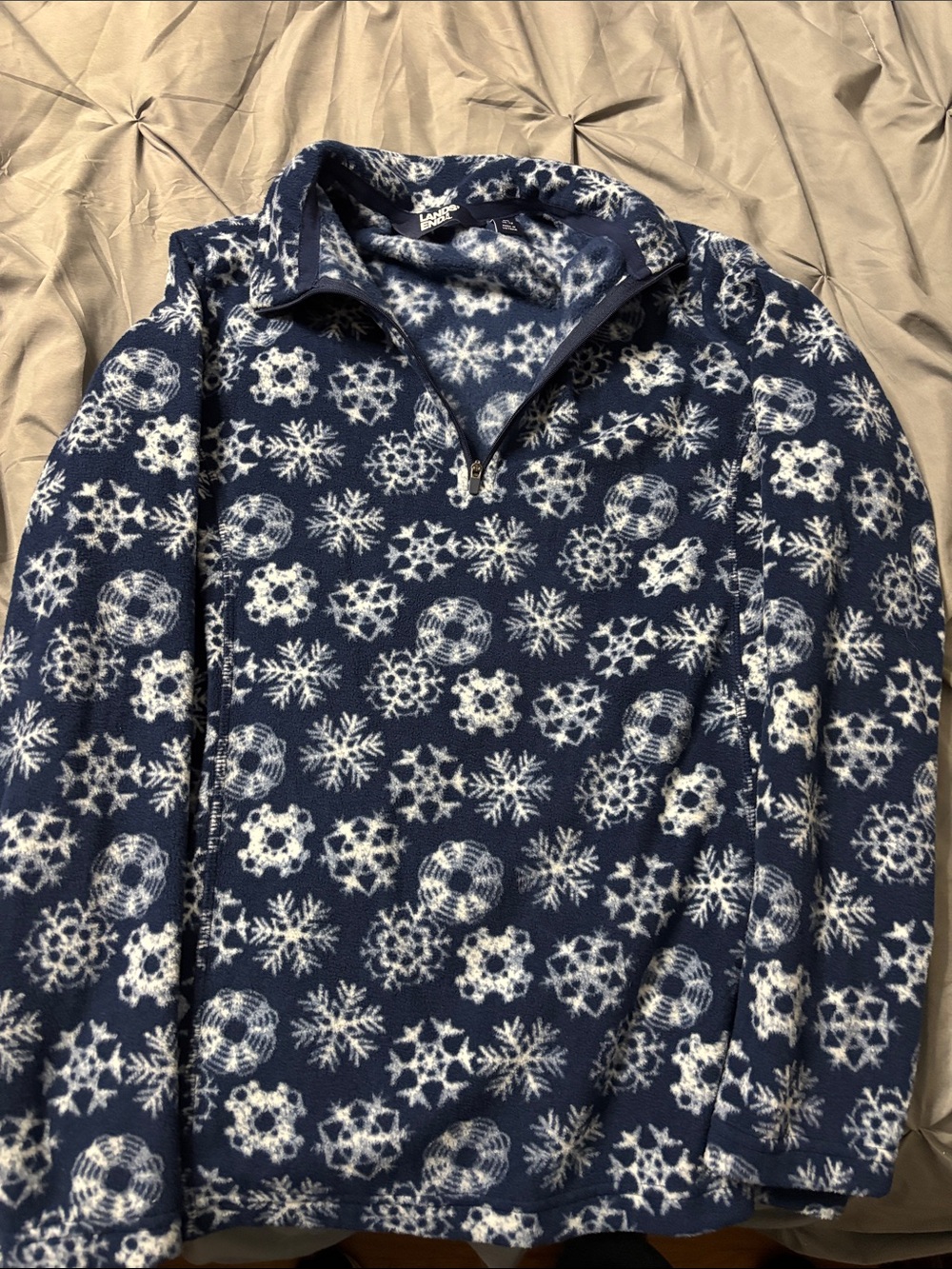Lands' End Navy Blue and White Snowflake Fleece Quarter-Zip